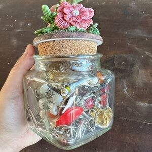 Jewellery Crafting Lot in a Glass Jar with Floral Cork Lid